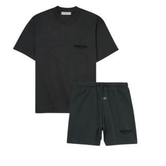 Fear of God Essentials Short Set Black SS22 front view T-shirt and shorts set