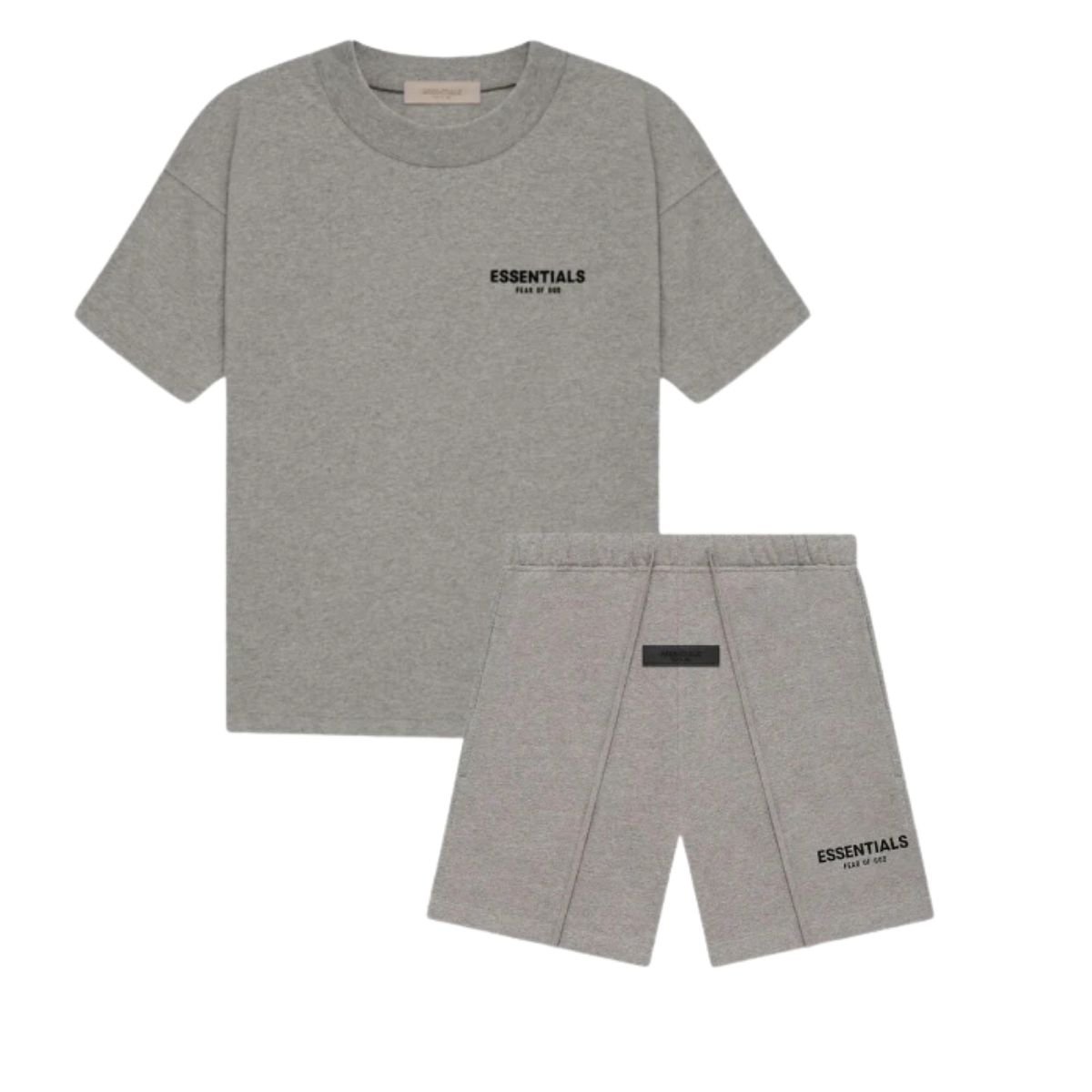 Fear of God Essentials Short Set Dark Heather Oatmeal SS22 front view showing hoodie and matching shorts