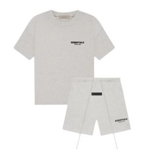 Fear of God Essentials Short Set Light Oatmeal SS22 front view showing T-shirt and matching shorts